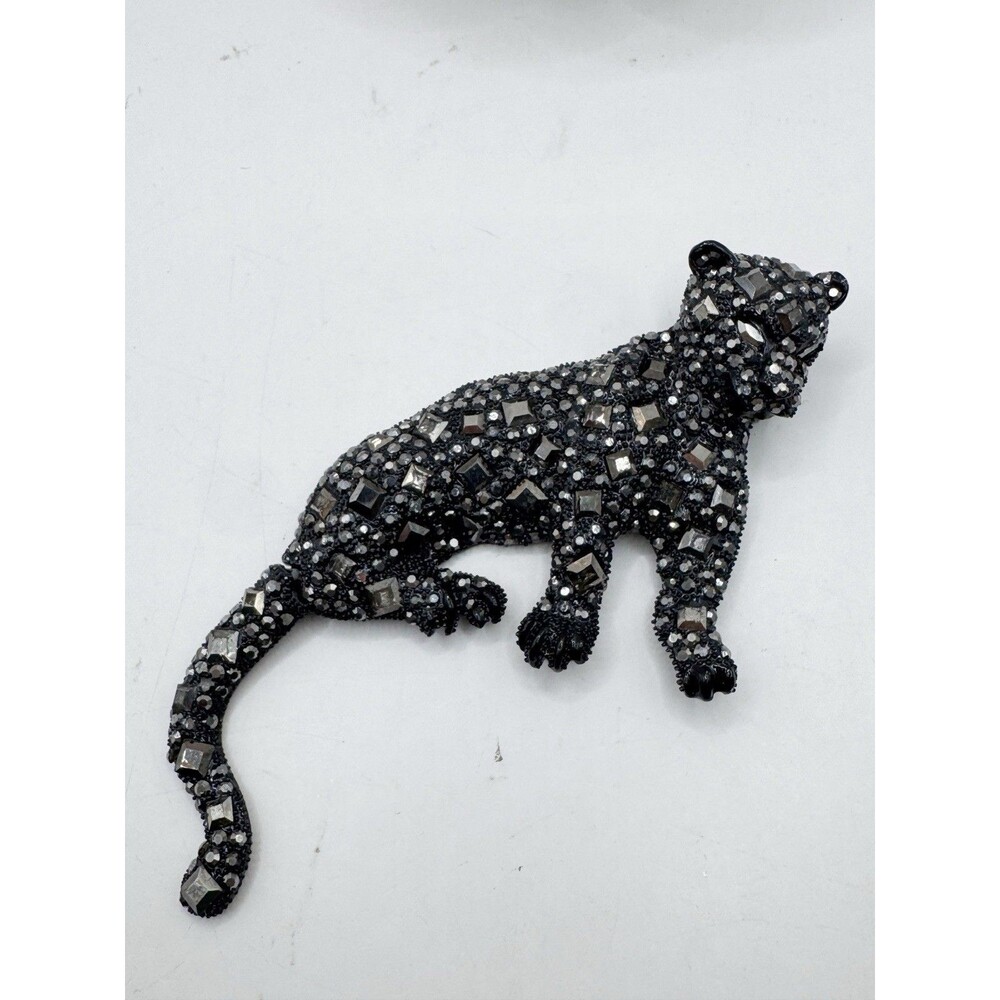 5" Large Black Crystal Panther Brooch/Pendant by Pink Linen Articulating Tail